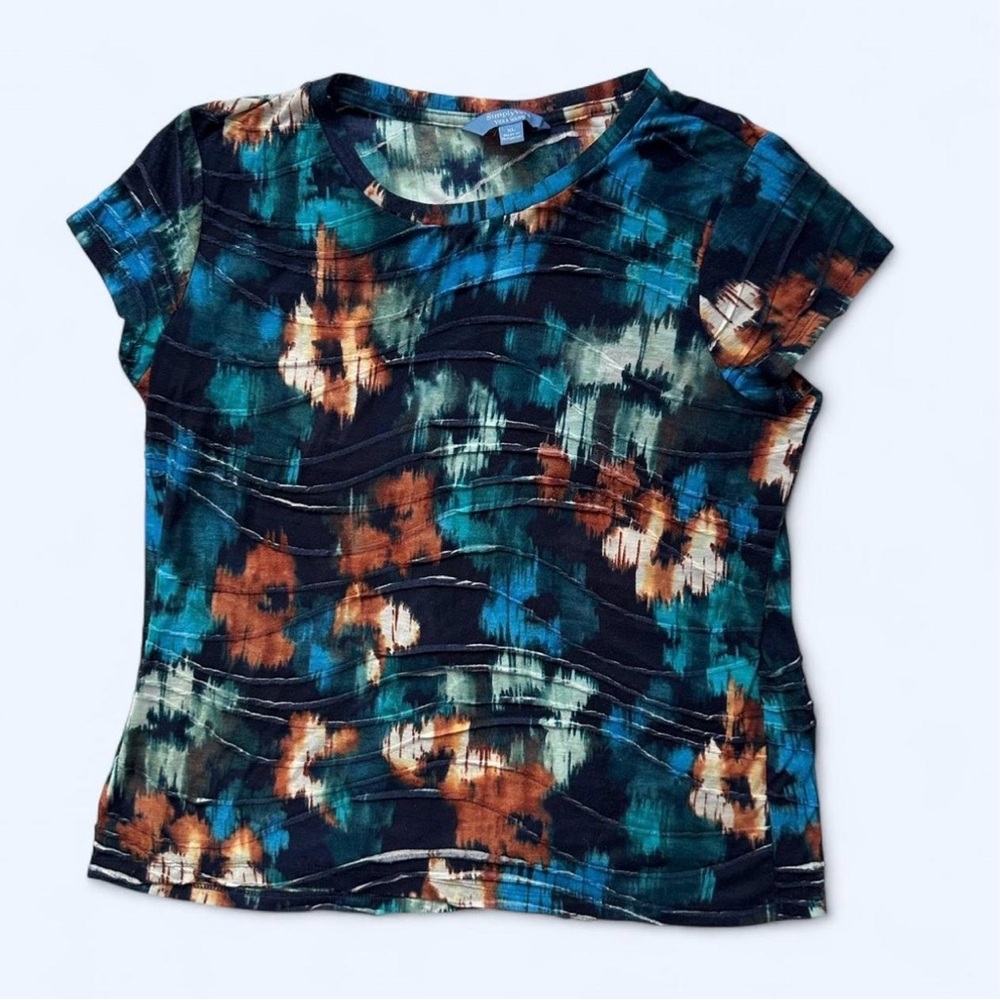 Simply Vera Vera Wang Floral Textured Short Sleeve Top in Blue Size XL